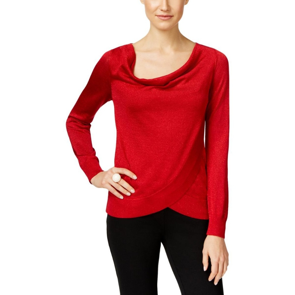 INC Red Metallic Wrap Hem Tunic Sweater